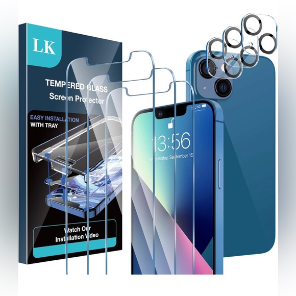 LK 2 Pack iPhone 13 Screen Protector with 2 Pack Camera Lens Protector - Picture 3 of 5